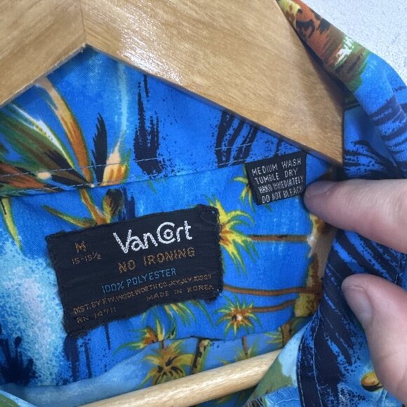VTG Van Cort Hawaiian Shirt M 15-15.5 Blue Tropical Surf Boat Print Korea 70s - Picture 3 of 4